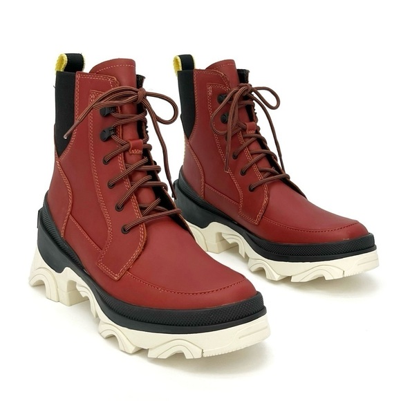 Sorel Brex Ankle Boots Womens Size 8 Leather Waterproof Red Black Bootie New NWT - Picture 1 of 9